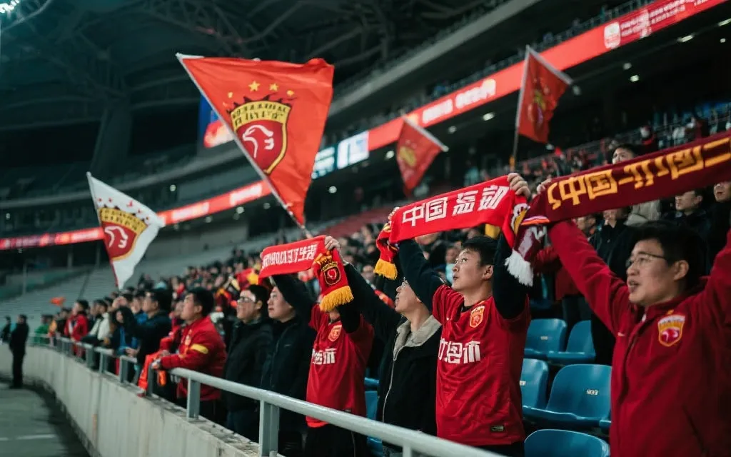 中国球迷在看台上挥舞围巾与旗帜，象征理性期待与共同守望
